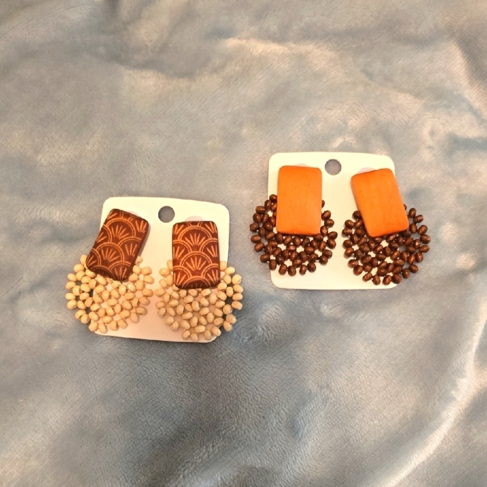 Brown and Cream Wood Beaded Earrings Set - Pierced